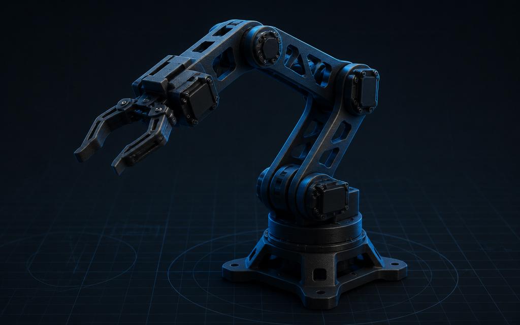 Dark CAD render of a 3D-printed five degree-of-freedom robotic arm with servo joints