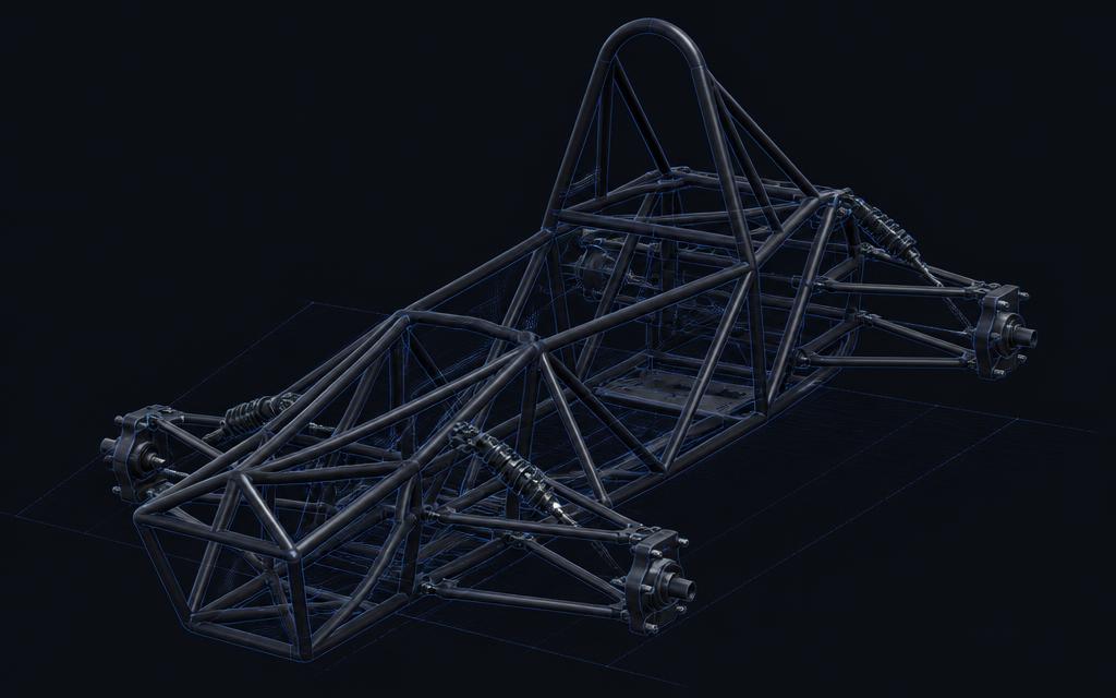 Tubular Formula-E race car chassis frame with suspension wishbones on a dark blueprint background